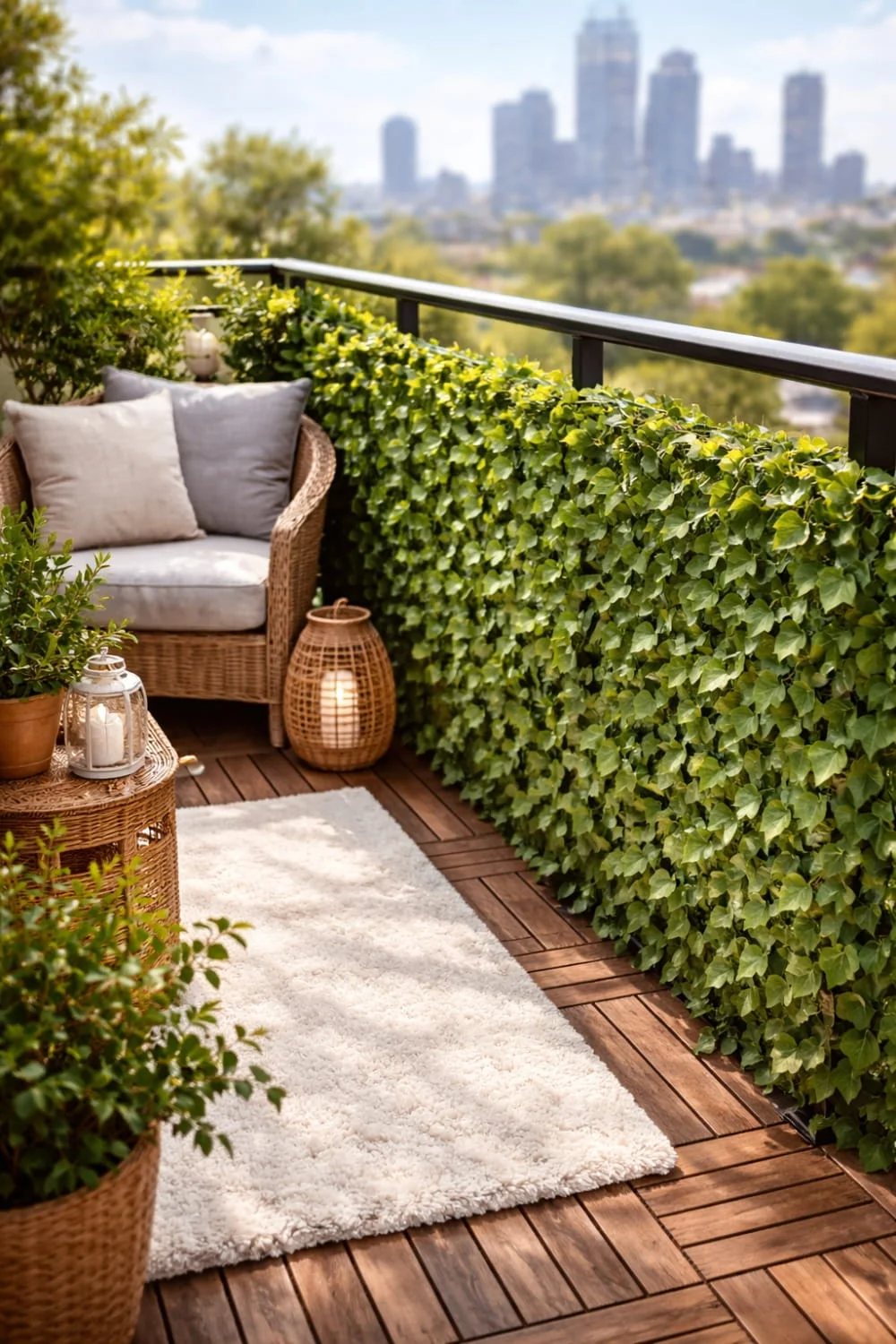 Faux ivy privacy screen attached to a railing for apartment balcony privacy ideas for renters.