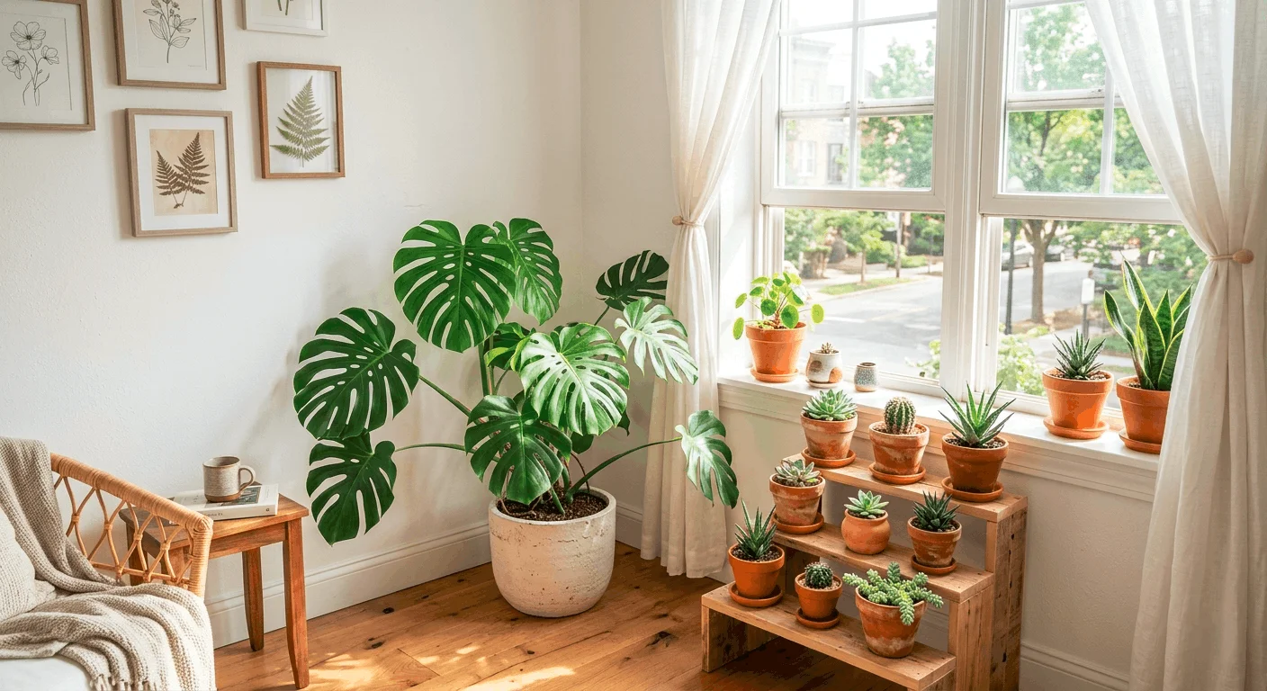 A cluster of green houseplants, including a Monstera and a Snake Plant, in terracotta pots near a bright window.