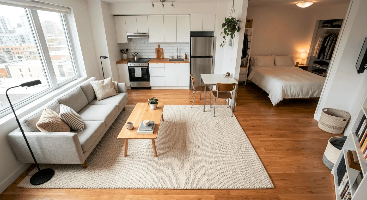 A large light-colored area rug placed under a sofa and coffee table to separate the living area from the rest of a studio apartment.