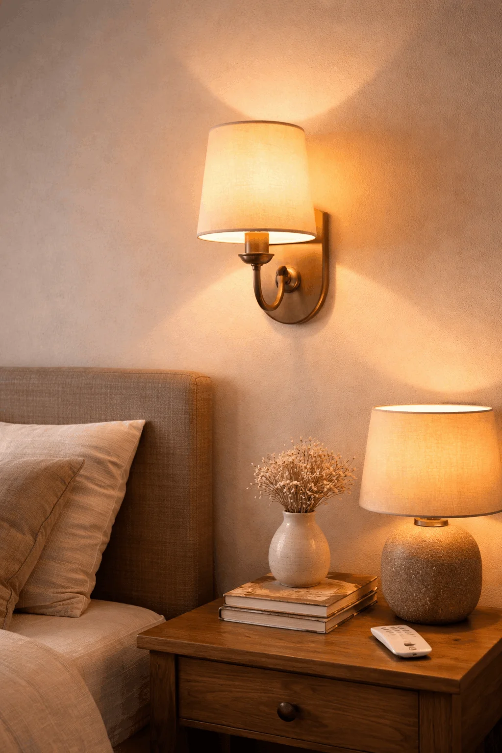 An inviting small living room showcasing layered lighting with a floor lamp, table lamp, and hidden LED strip lights, creating a warm, spacious feel in a damage-free, renter-friendly apartment.