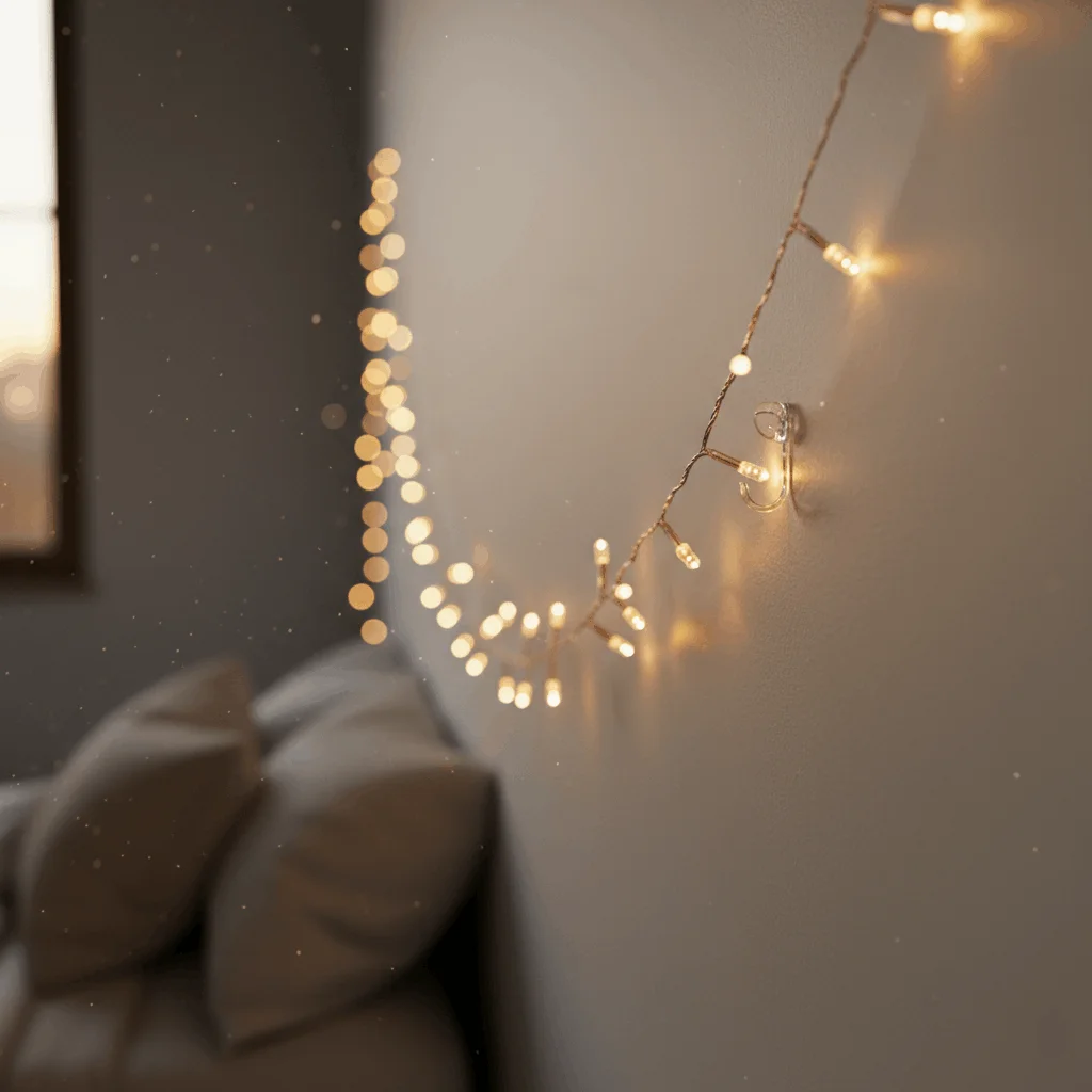 Clear wire hooks for lights holding fairy lights on a bedroom wall, providing a nearly invisible damage-free hanging method.