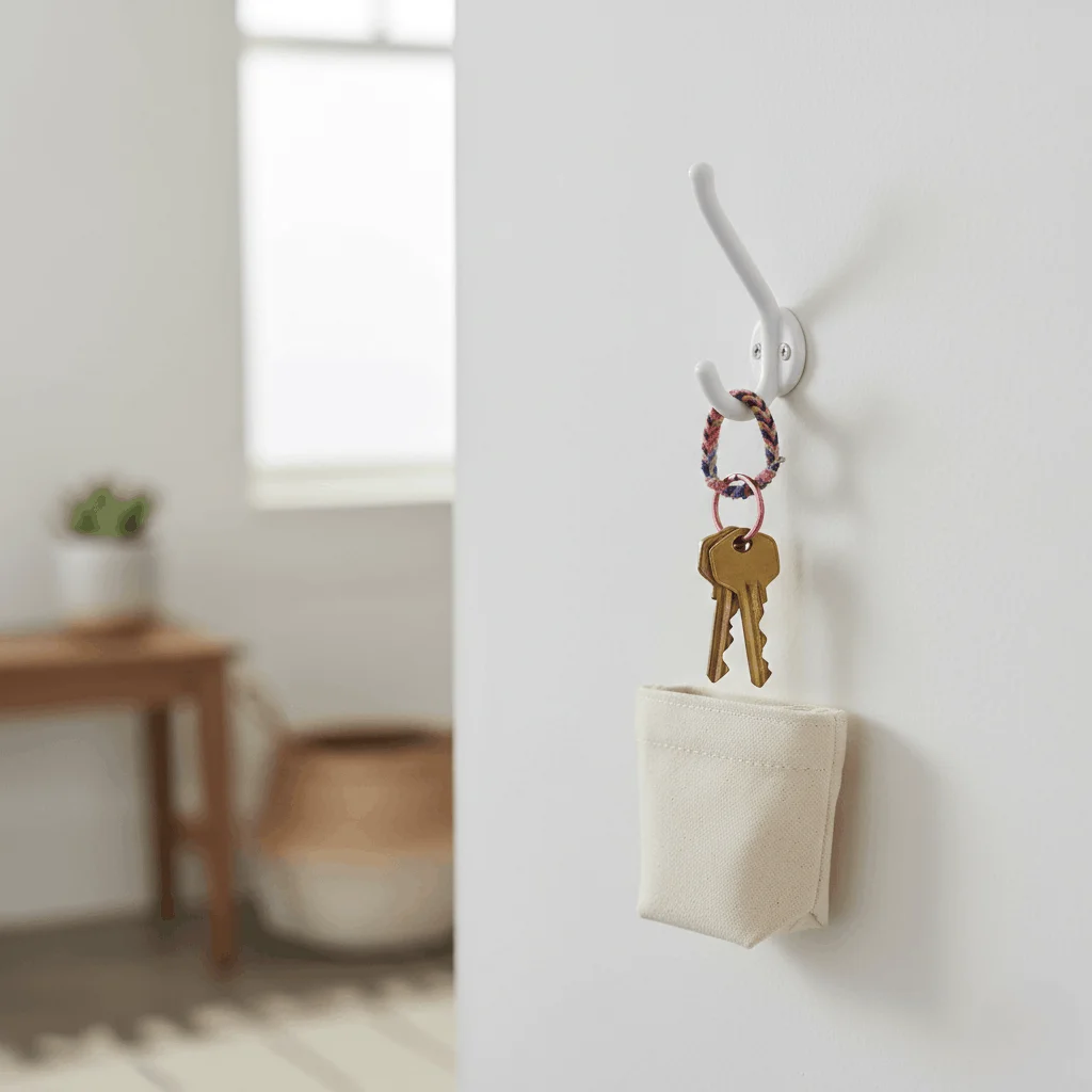 Close-up of a white Command hook holding keys in an organized apartment entryway, demonstrating a classic renter friendly wall hook.