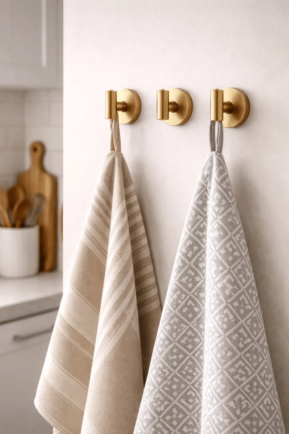 Stylish matte black hooks holding decorative patterned dish towels on a kitchen wall, enhancing small kitchen decor.