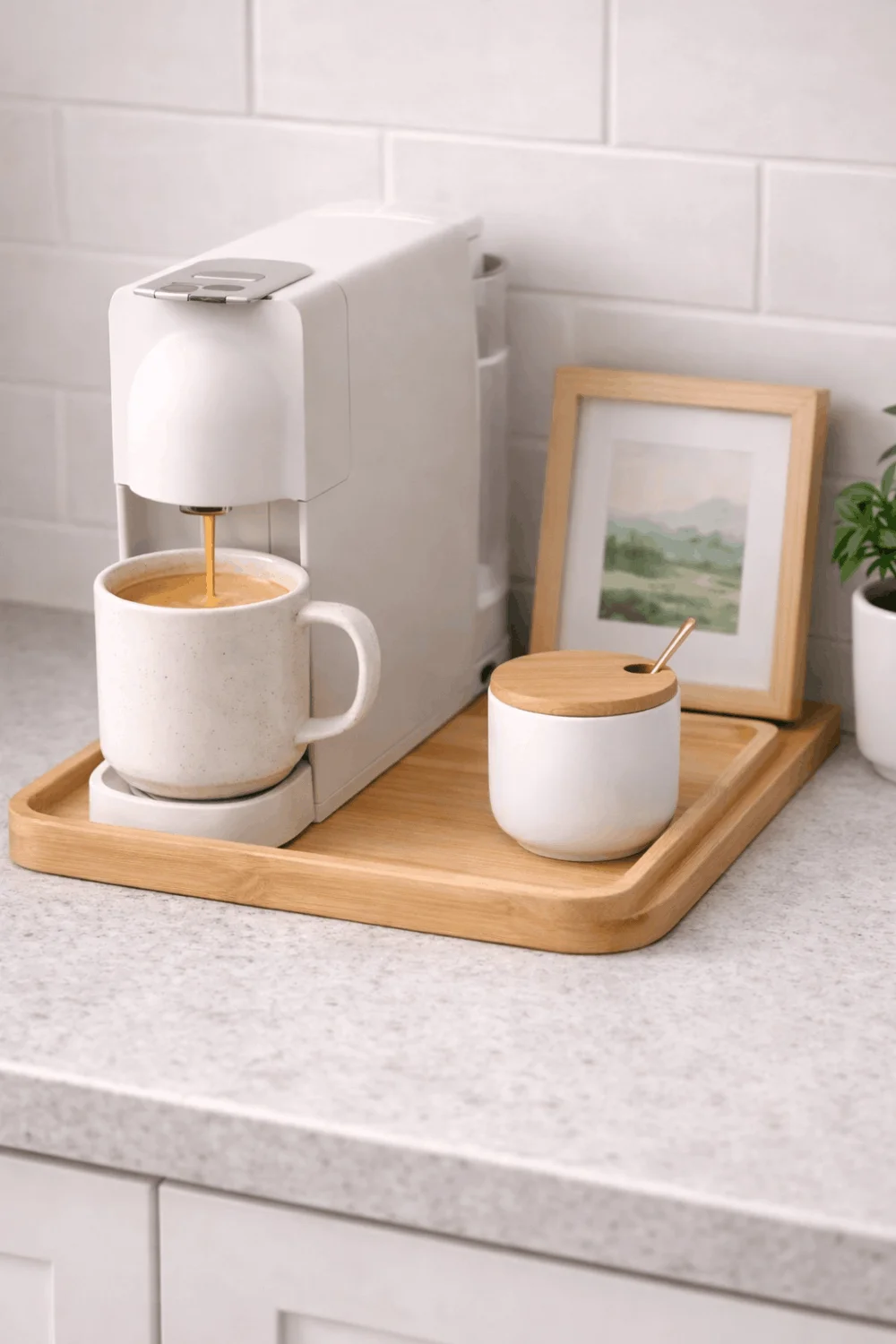 Charming coffee nook on a small kitchen counter with a minimalist coffee machine, mug, and sugar bowl, creating aesthetic small kitchen decor.