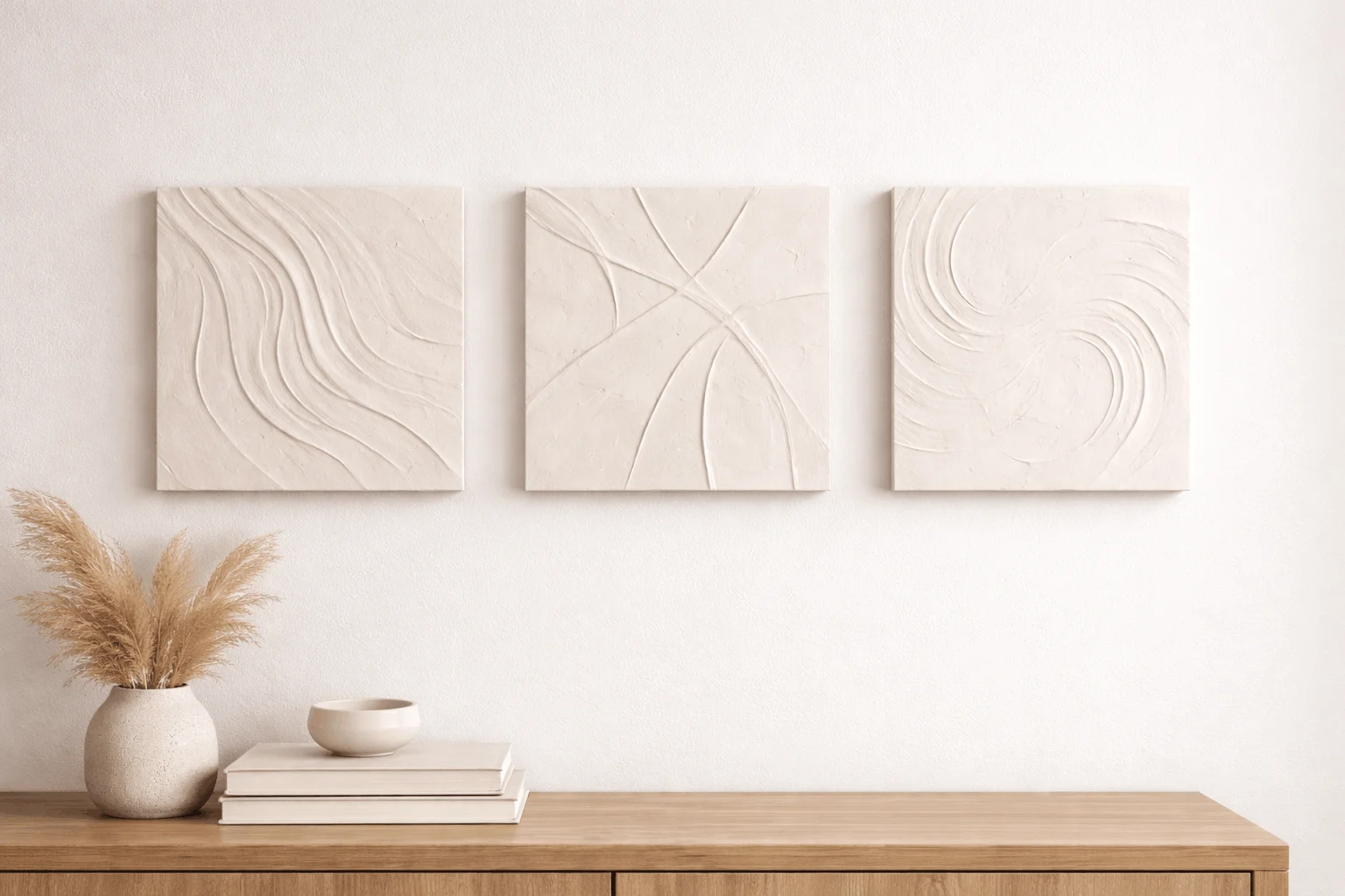 DIY textured wall art made from dollar store canvases and joint compound, creating a high-end look for apartment living rooms.