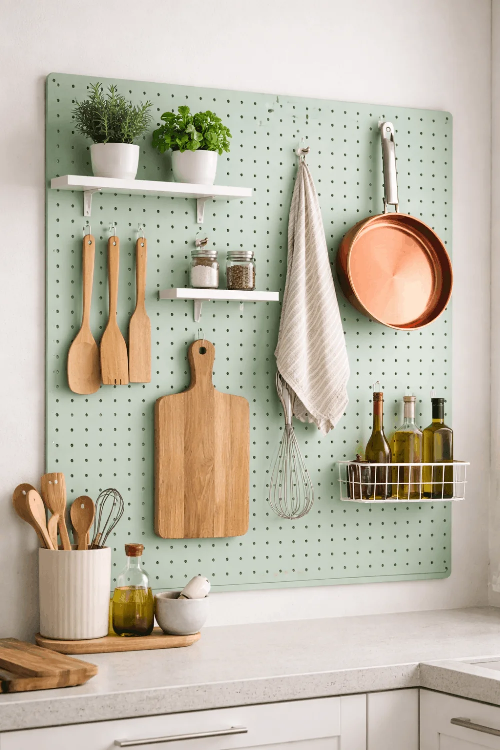 Vibrant mint green pegboard wall in a small kitchen, neatly organizing copper pans, wooden cutting boards, and kitchen utensils.
