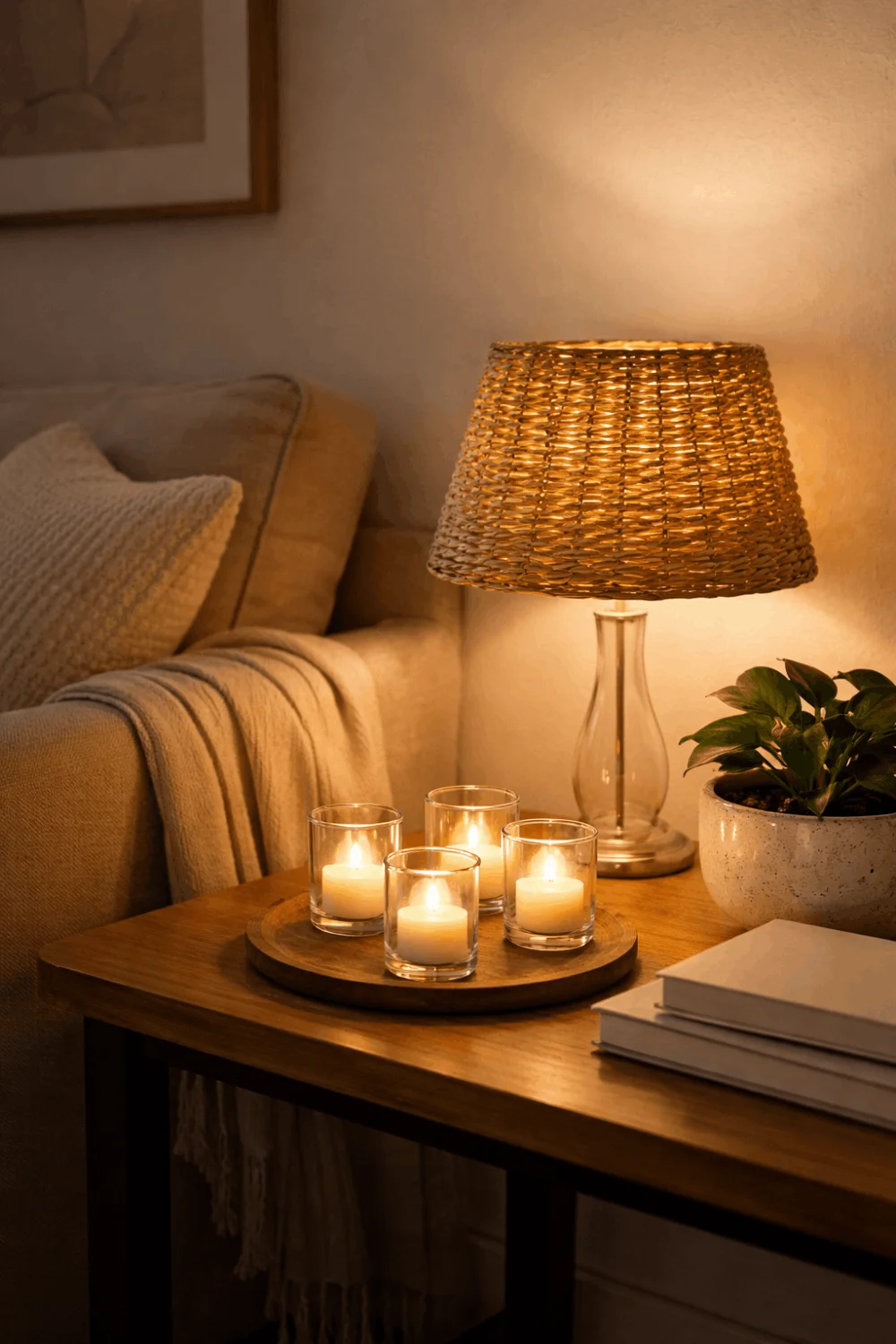 Cozy ambient lighting with a DIY dollar store basket lamp and LED votives, perfect renter-friendly lighting for apartments.