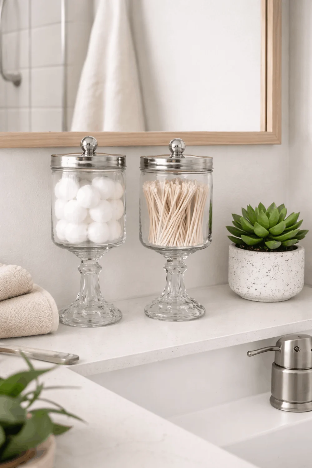 DIY dollar store apothecary jars and a custom framed mirror transforming a rental bathroom vanity for an aesthetic look on a budget.