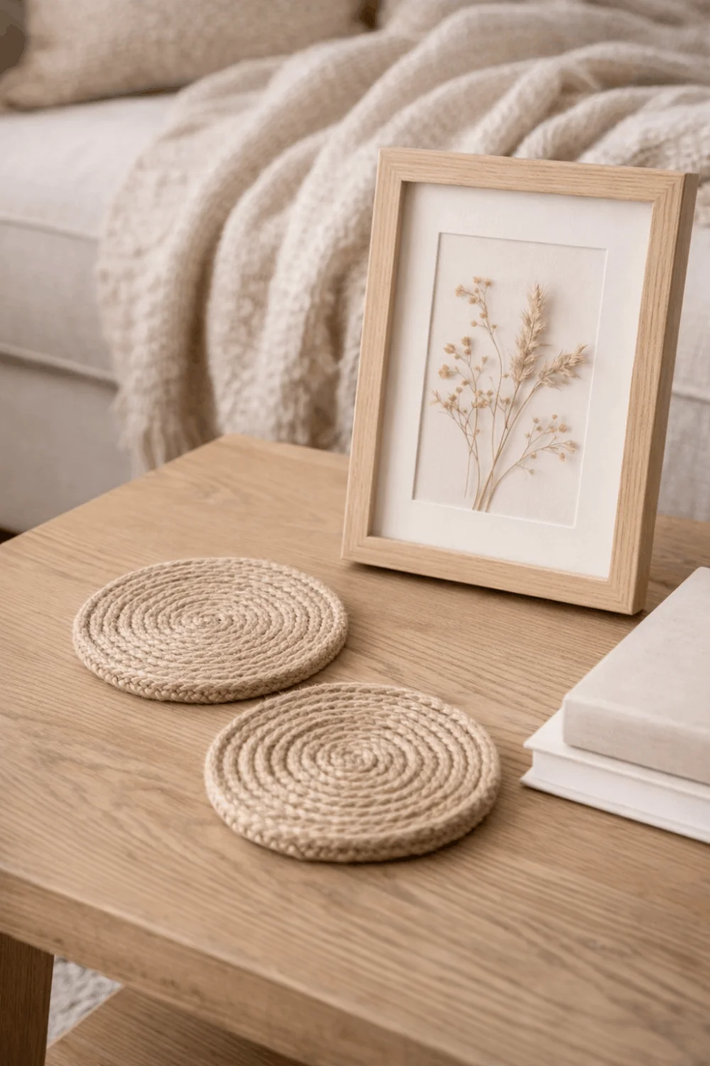 DIY dollar store twine coasters and framed botanical art, adding cozy tabletop accents to apartment living rooms.