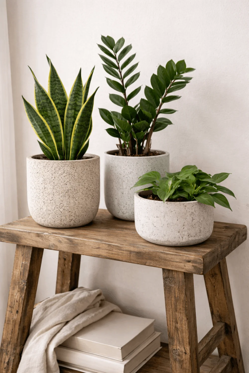 DIY faux stone planters from dollar store pots, styled with greenery, achieving a high-end look for less in apartment decor.