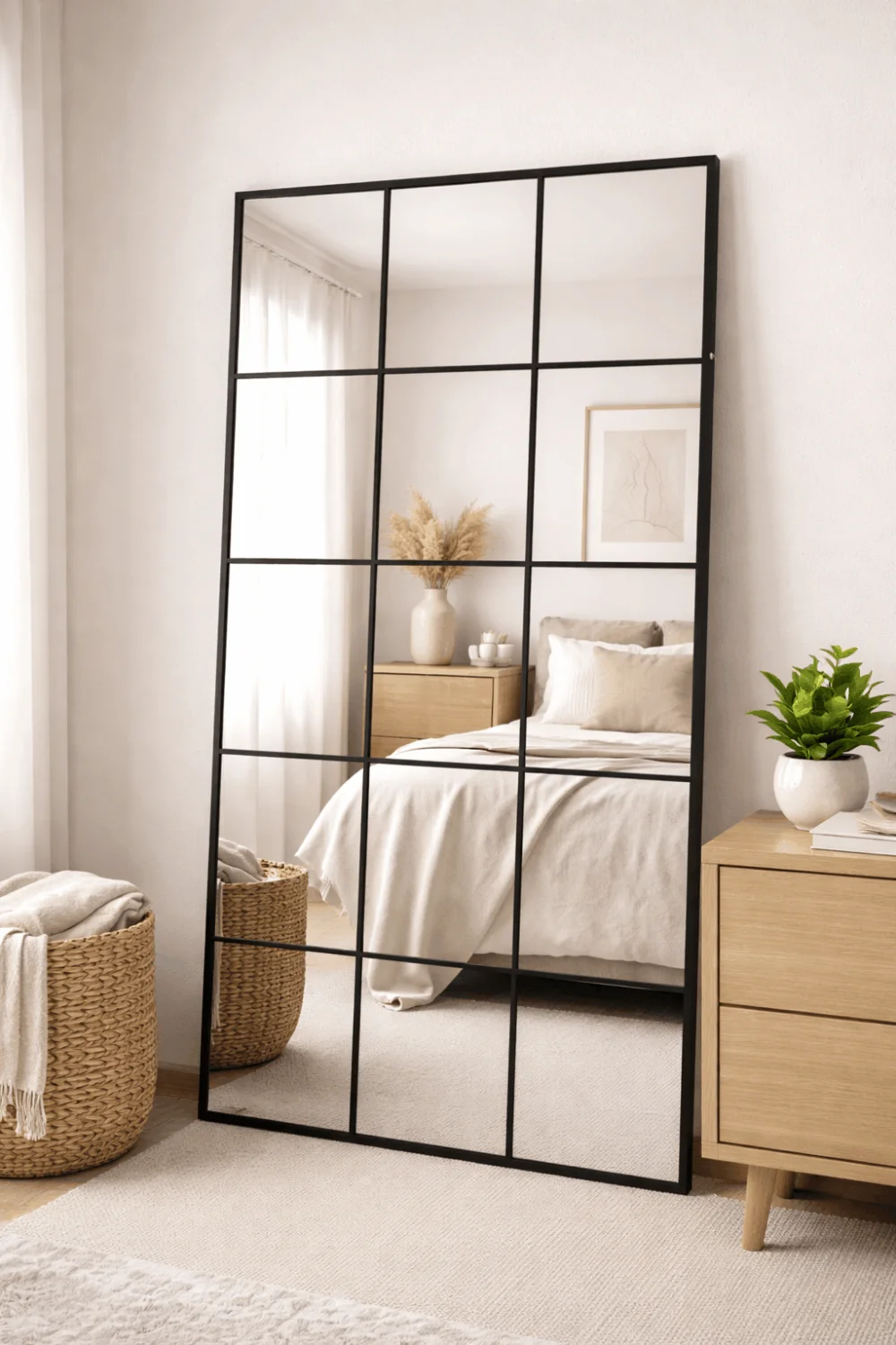 DIY dollar store mirror upgraded with black electrical tape for a modern grid design, a clever hack for making small apartments feel larger.