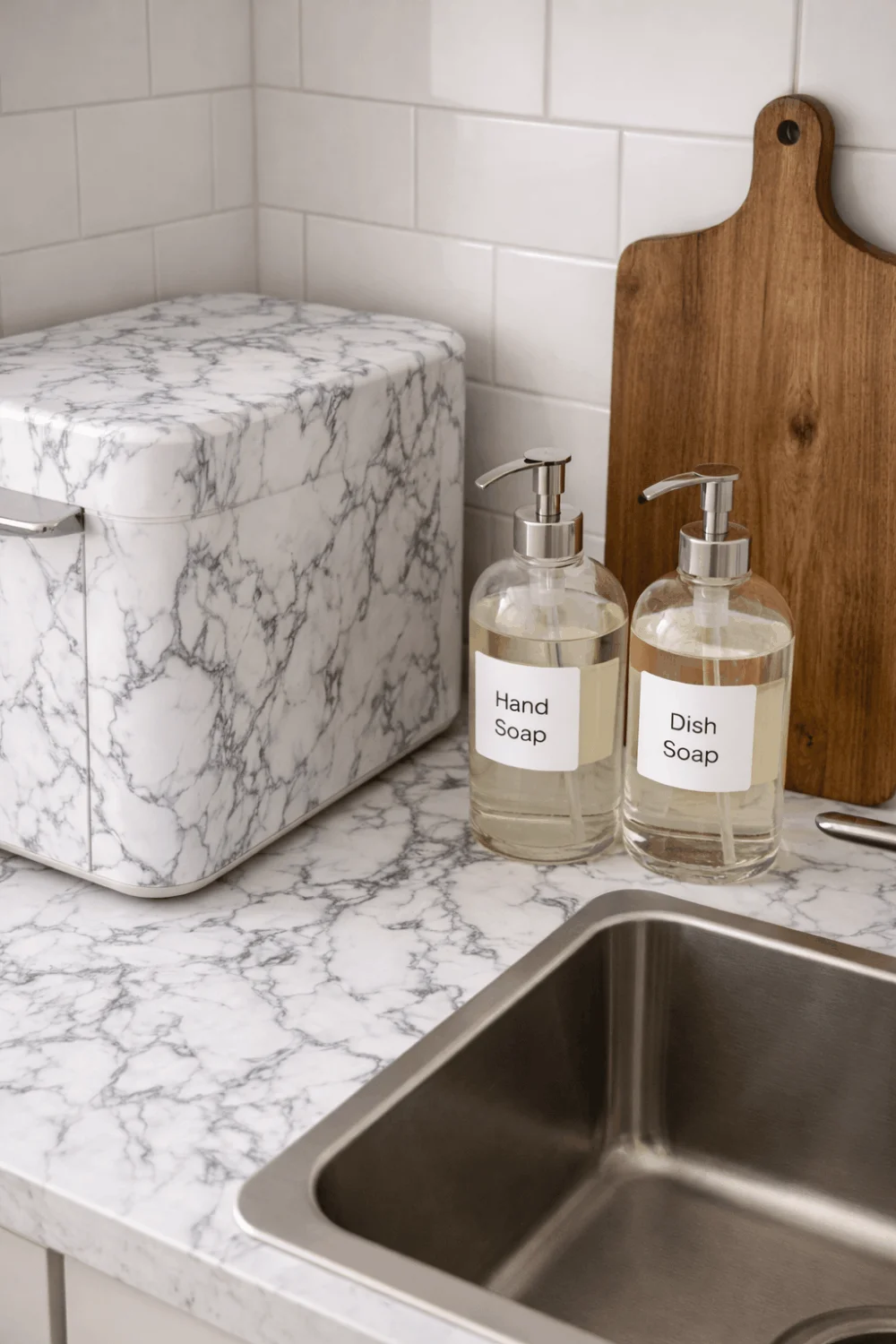 Rental kitchen counter refresh with marble contact paper and dollar store glass soap dispensers, showcasing budget apartment decorating ideas.