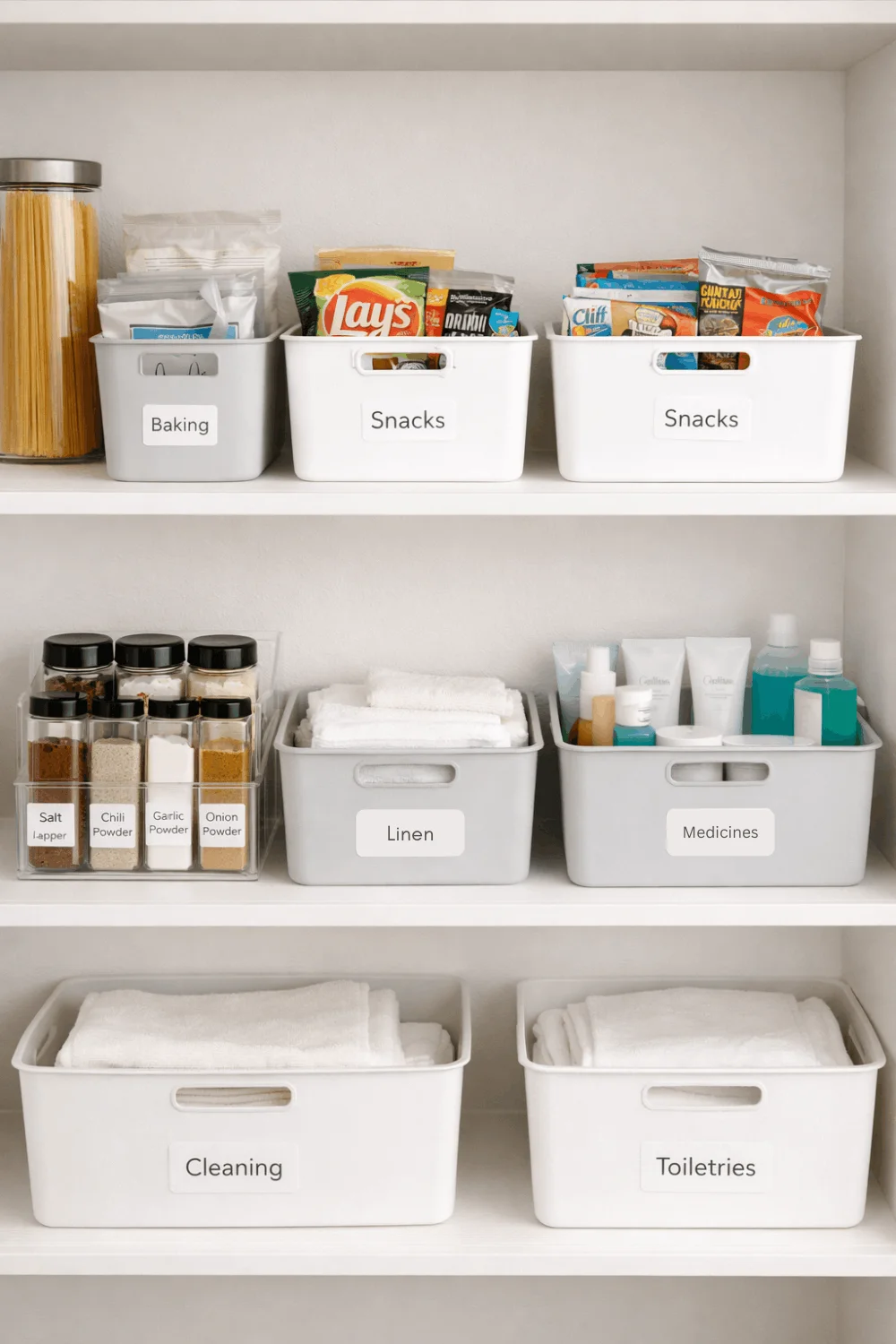 Organized small apartment pantry using spray-painted dollar store bins and clear acrylic organizers, an aesthetic DIY room decor on a budget.
