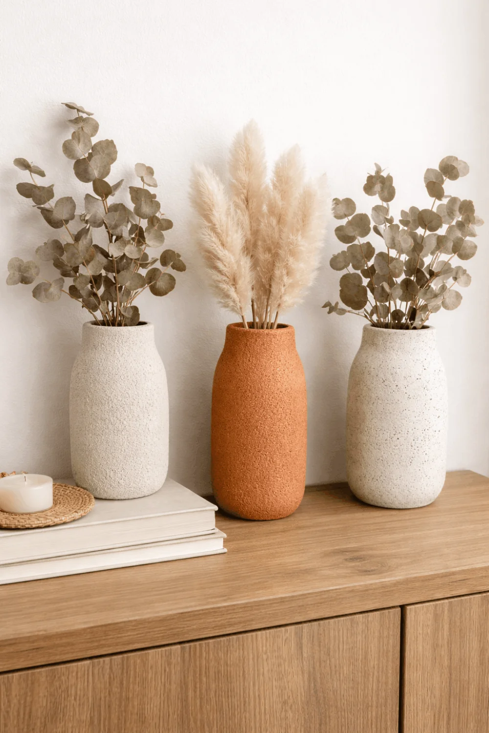 DIY dollar store textured vases in organic modern styles with dried eucalyptus, achieving a high-end look for less.