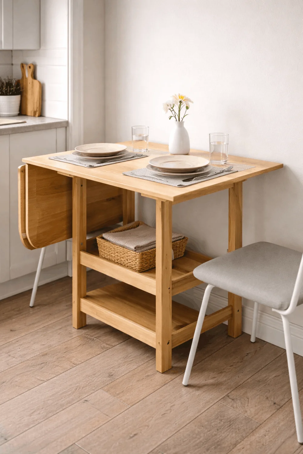 Space-saving light wood drop-leaf bistro table in a small kitchen, extended for dining, showcasing multi-functional furniture.