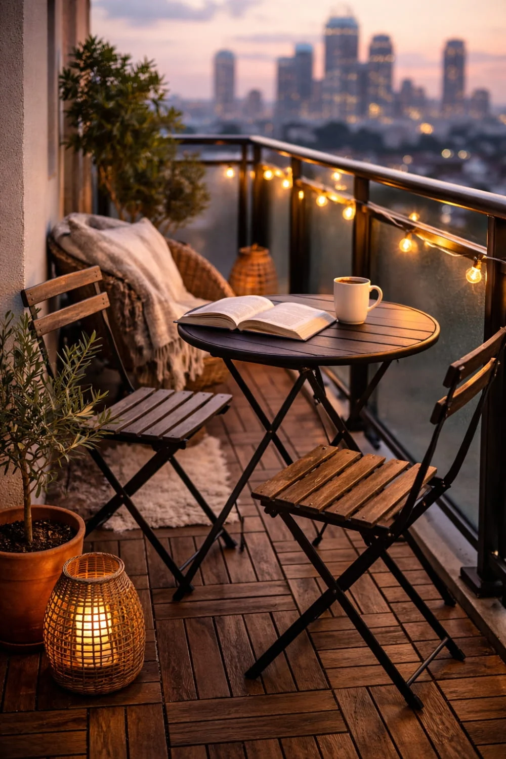 A foldable balcony table and chairs set on a tiny apartment balcony to save space.