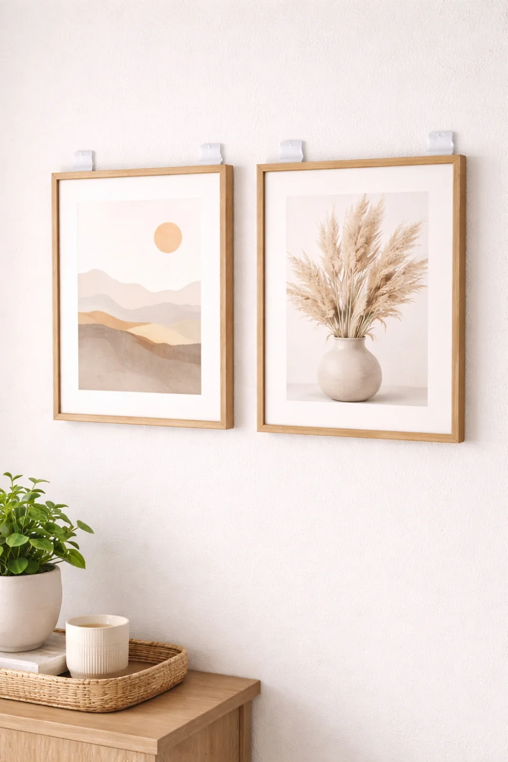 Framed art hung with command strips in rental apartment