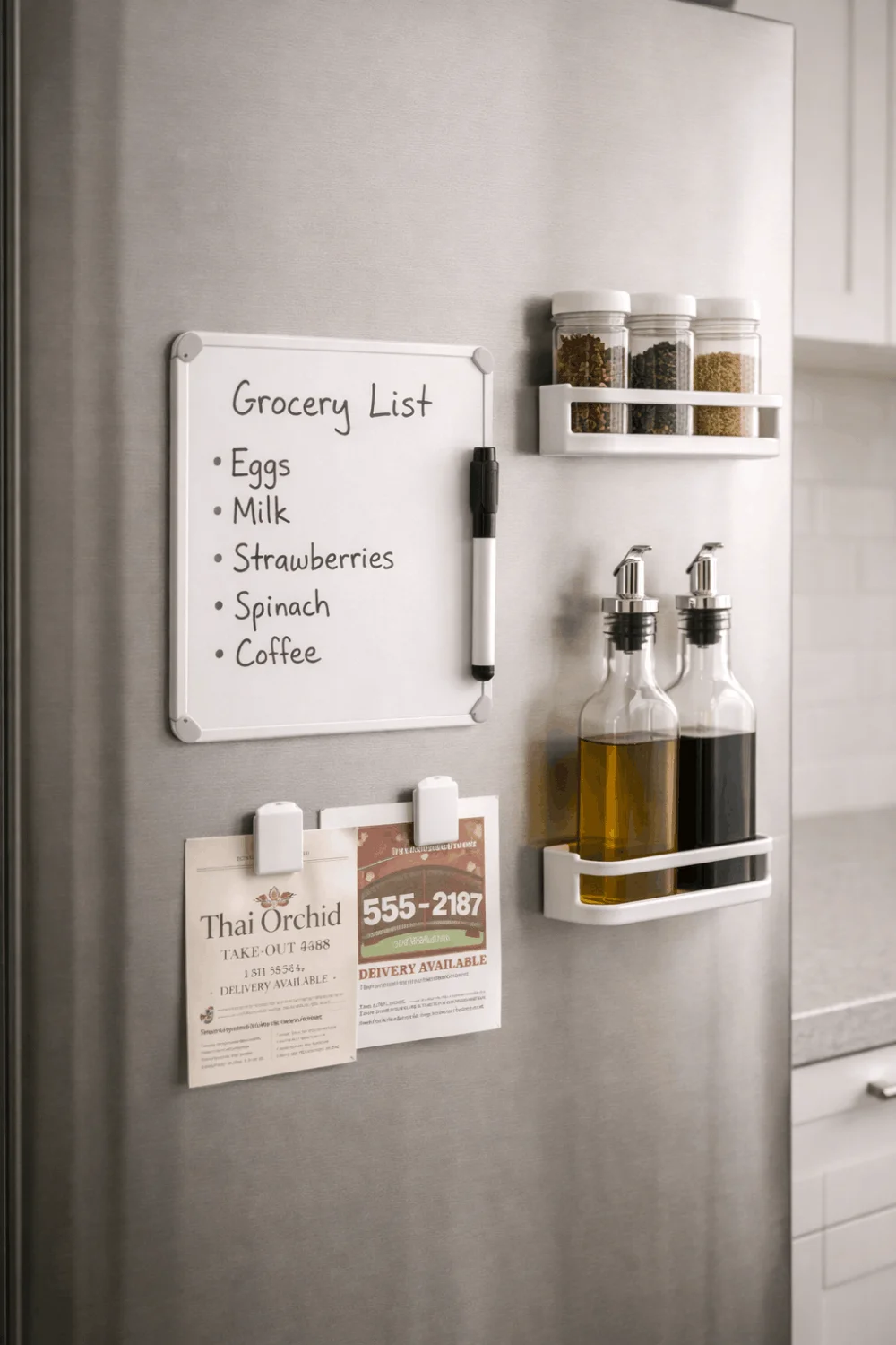 Organized stainless steel refrigerator door with magnetic whiteboard, clips, and spice rack, creating a functional command center.
