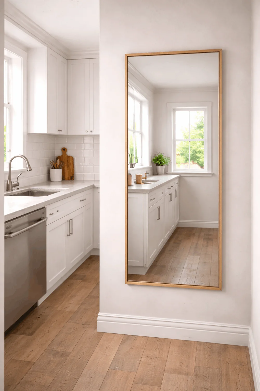 Large framed mirror on a kitchen wall reflecting a window, visually expanding a small apartment kitchen space.