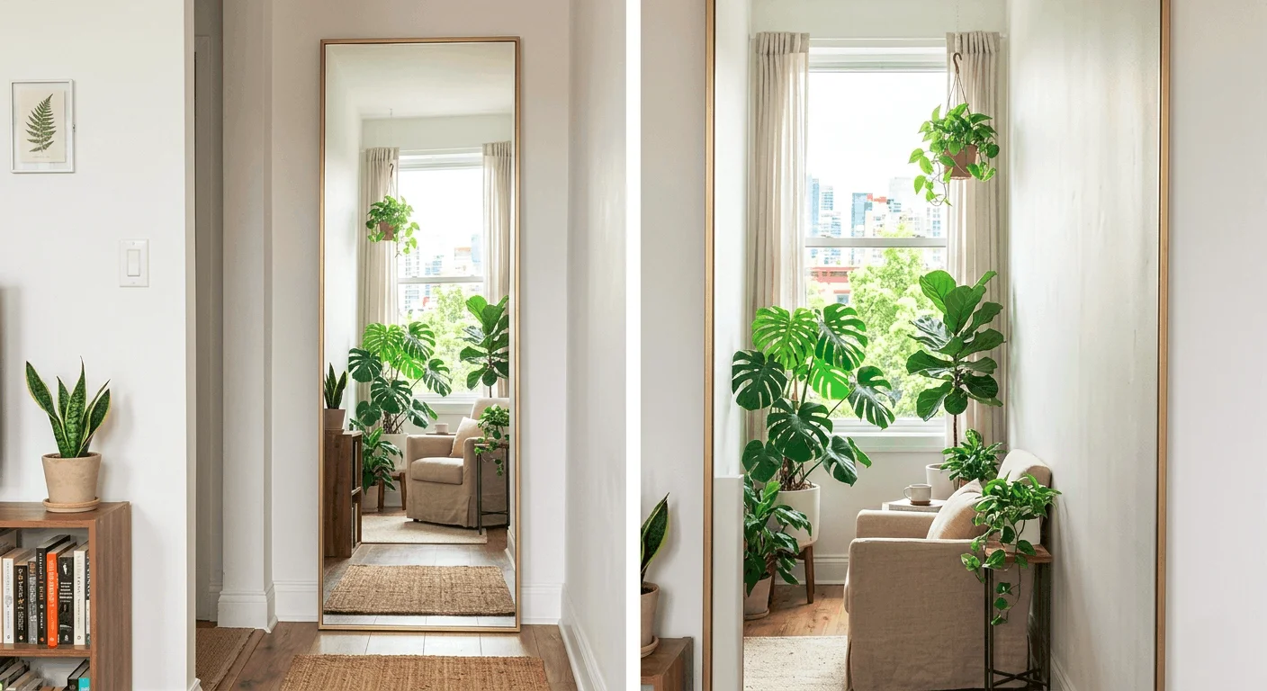 A tall, ornate silver mirror leaning against a white wall in a small room to reflect light and create the illusion of space.