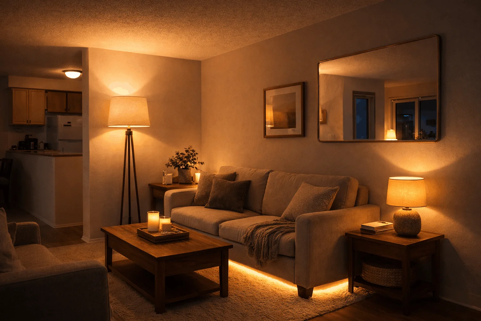 An inviting small living room showcasing layered lighting with a floor lamp, table lamp, and hidden LED strip lights, creating a warm, spacious feel in a damage-free, renter-friendly apartment.