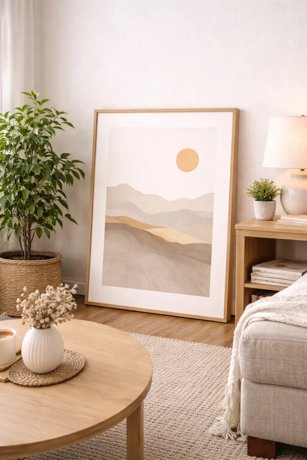 Large artwork leaning against wall in small apartment