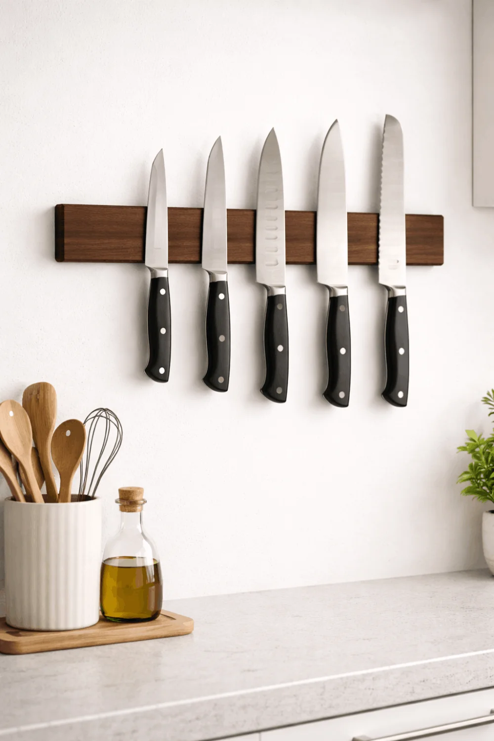 Sleek dark wood magnetic knife strip on a white kitchen wall, organizing chef's knives and freeing up drawer space in a small kitchen.