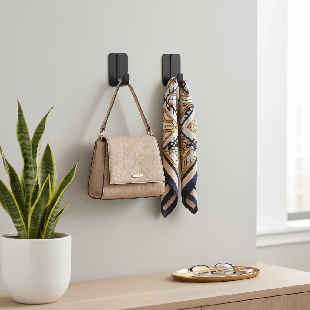 Stylish matte black renter hooks holding a handbag in a modern apartment, perfect for damage free hanging and enhancing decor.