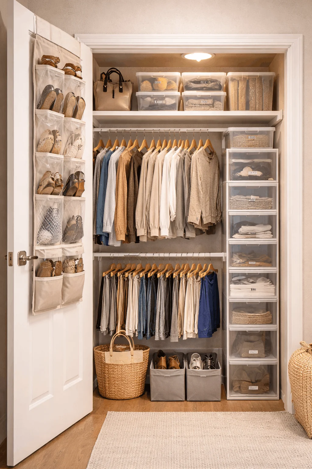 A small closet interior with efficient vertical storage solutions, including stackable bins and tension rods, demonstrating how to maximize small closet space in a budget apartment decorating project.