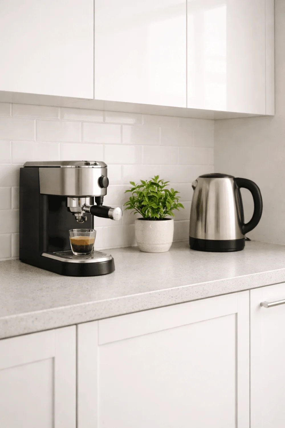 Clean, minimalist small kitchen countertop with a coffee maker, kettle, and plant, showcasing uncluttered design for tiny spaces.