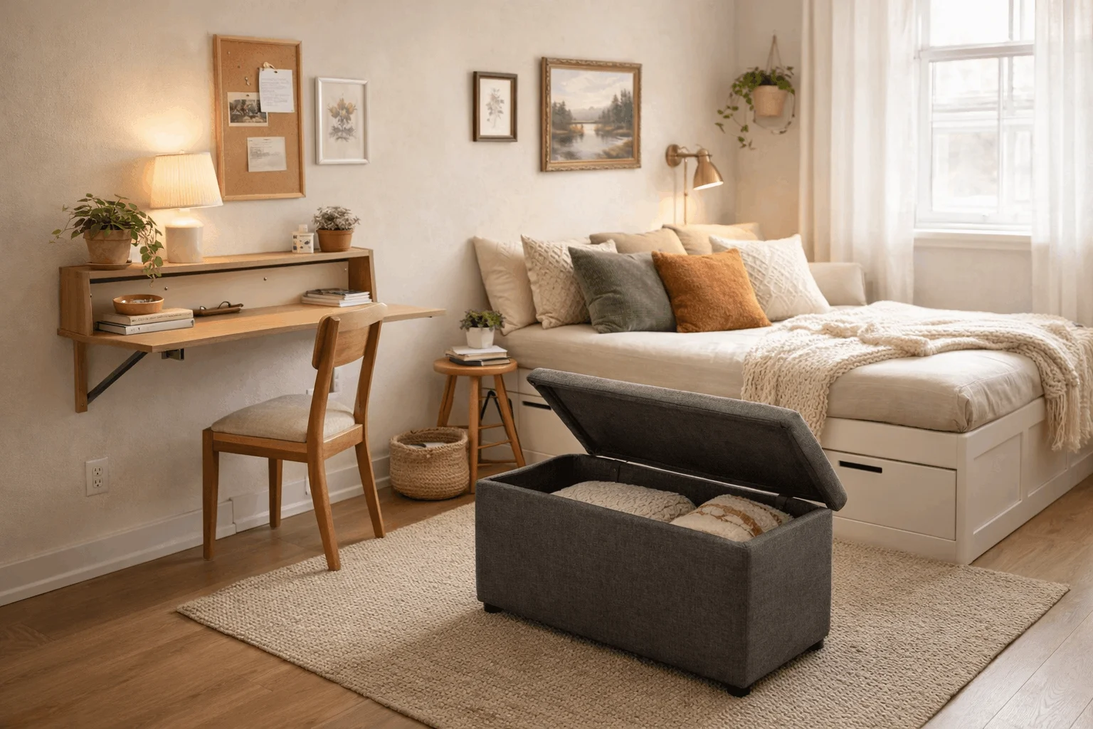 Small apartment studio with multi-functional furniture, including a storage ottoman and daybed with drawers, illustrating smart apartment studio layout ideas for maximizing small closet space.