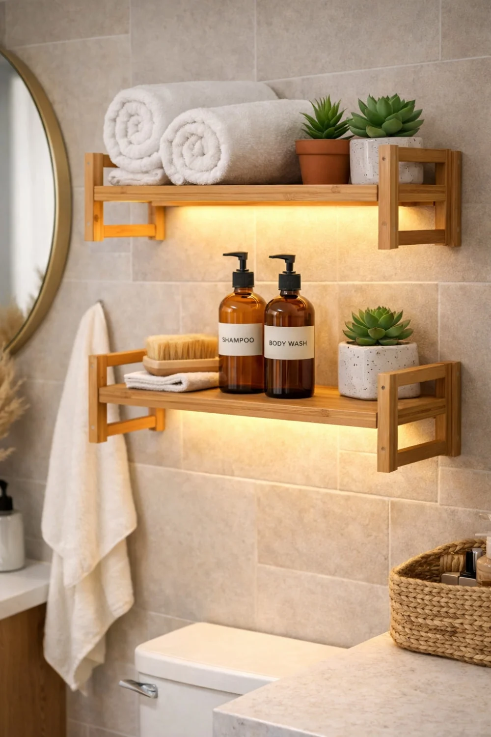Organized rental bathroom vanity with no-drill bathroom shelves and biophilic design elements like bamboo and plants.