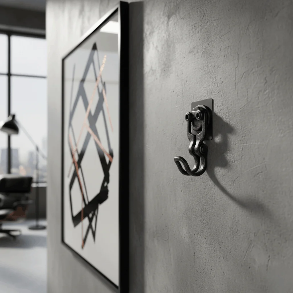 No-drill wall hooks for concrete walls in an industrial loft, holding large framed art without the need for power tools.