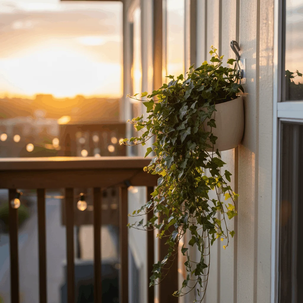 Outdoor adhesive hooks holding a hanging plant on a rental balcony, a durable and damage-free hanging solution for apartment exteriors.