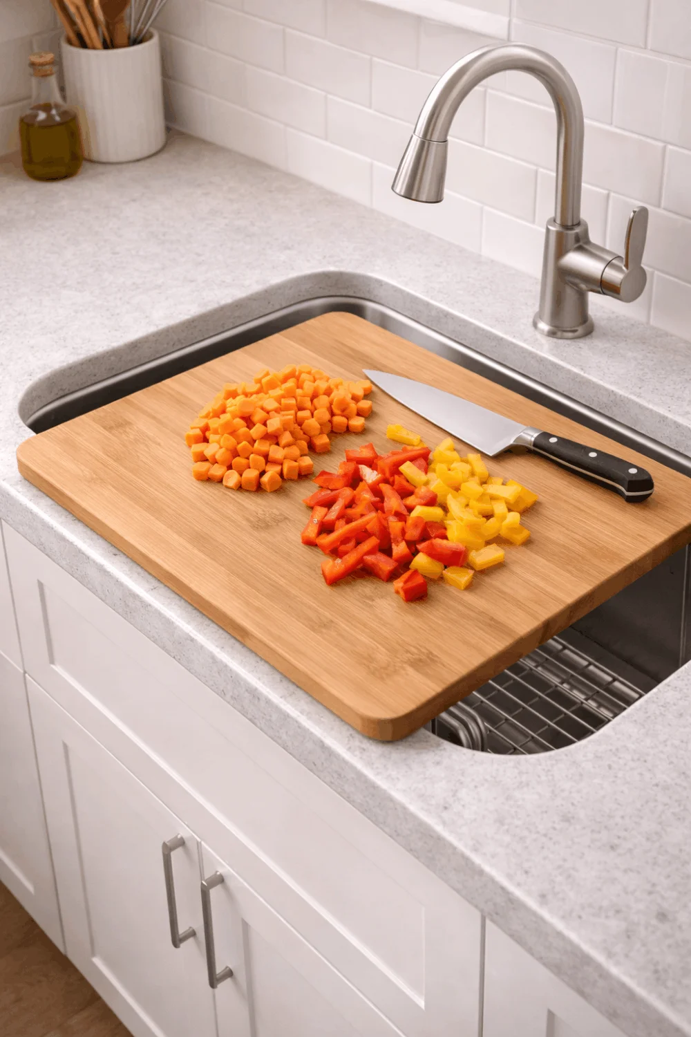 Practical wooden cutting board fitted over a kitchen sink, creating extra prep space in a small apartment kitchen.