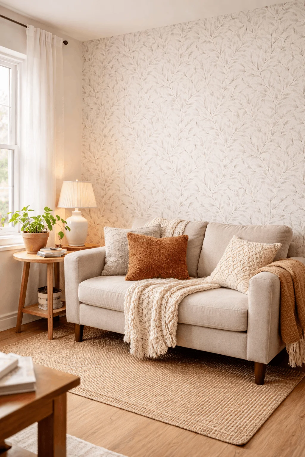 Modern living room with a feature wall using peel and stick wallpaper for rentals, showcasing an easy DIY apartment makeover for budget-friendly apartment decorating.