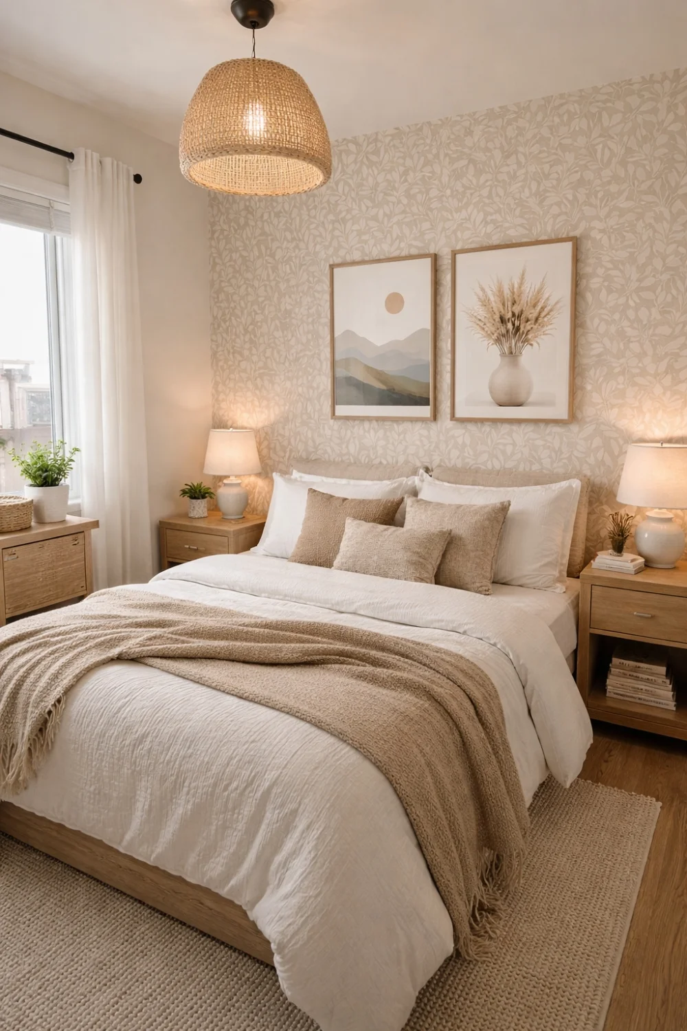 Peel-and-stick wallpaper accent wall in a rental bedroom