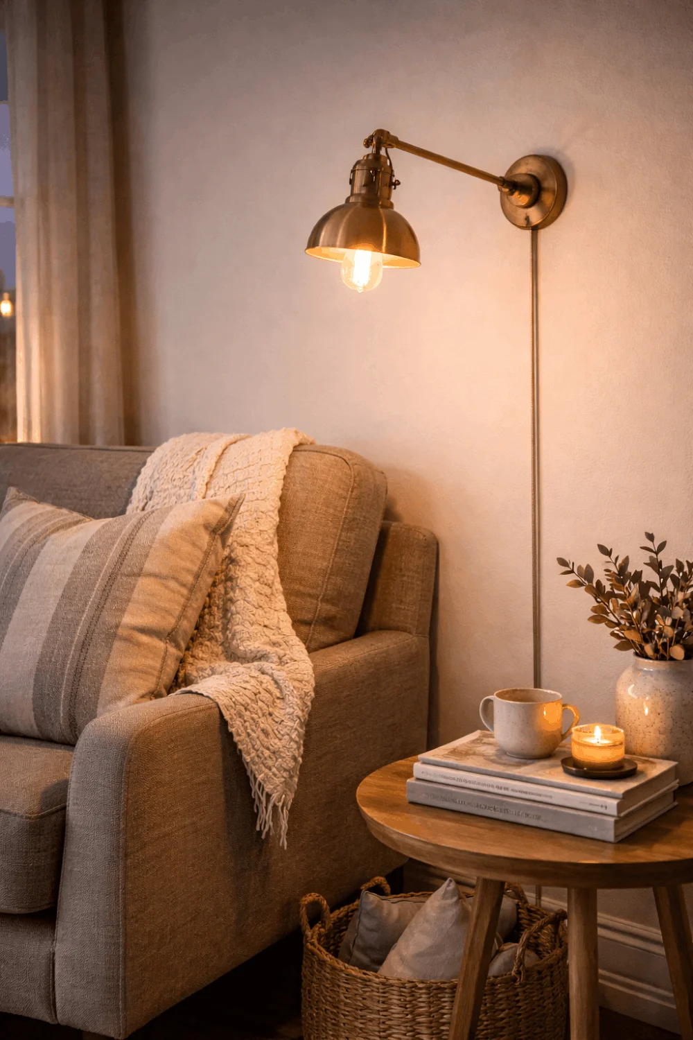 A brass plug-in wall sconce provides warm ambient lighting in a rental apartment corner without needing hardwiring.