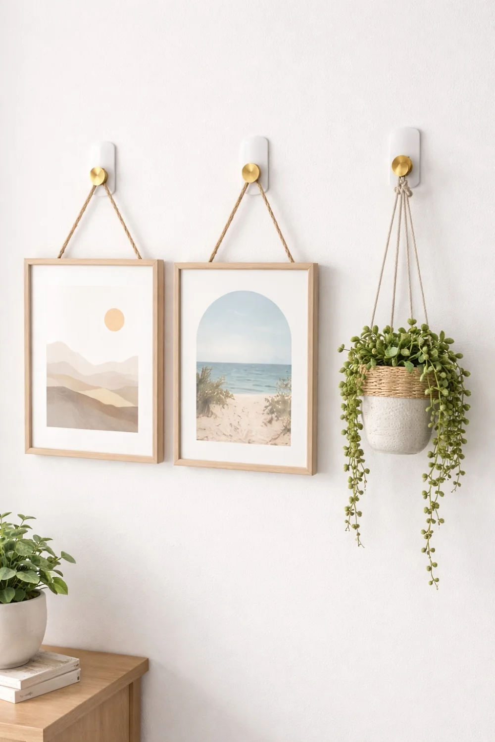 Removable wall hooks used to hang wall art in a rental apartment