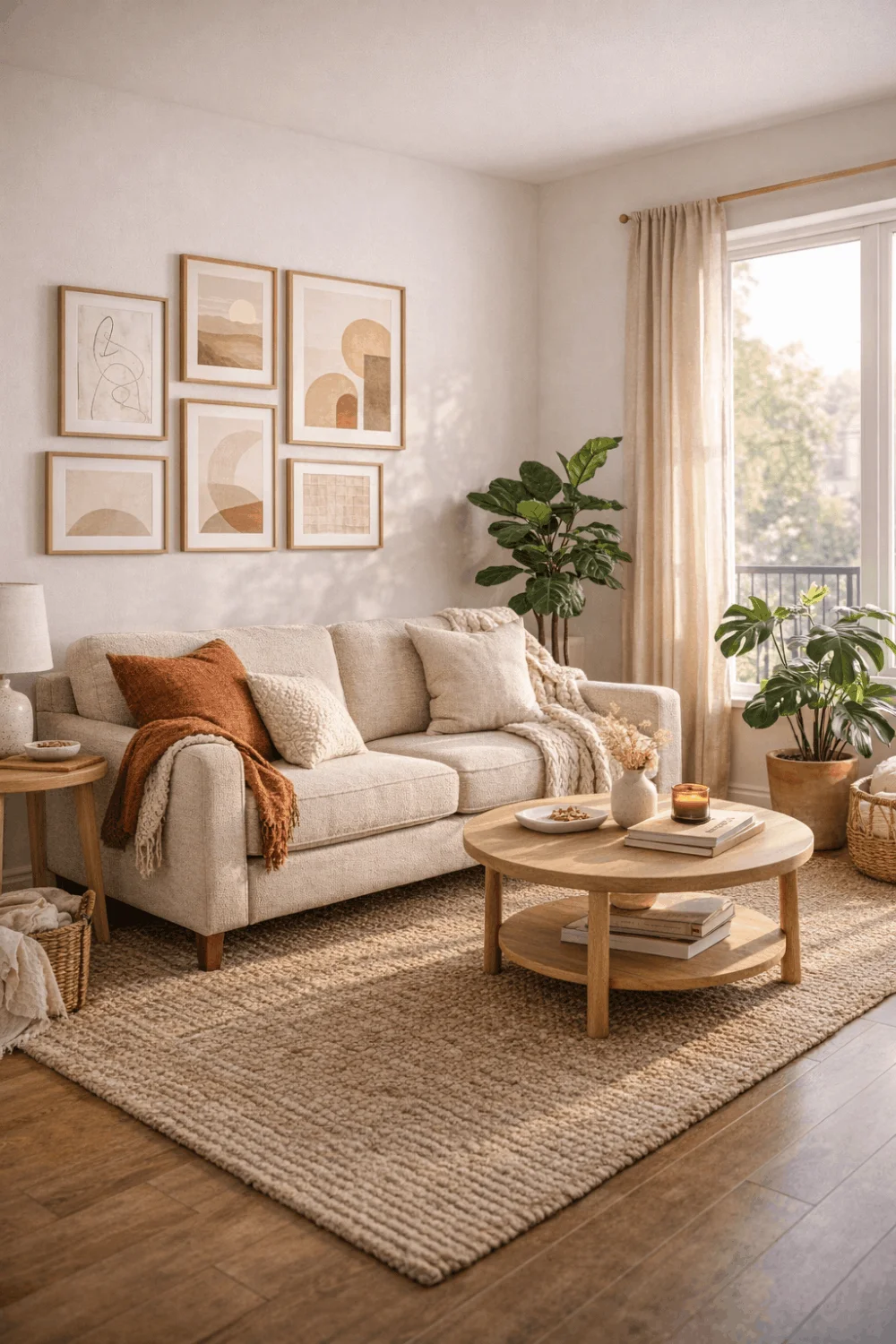 A close-up vignette of renter-friendly decor details including potted plants, ceramic candles, and textured throw blankets on a coffee table.