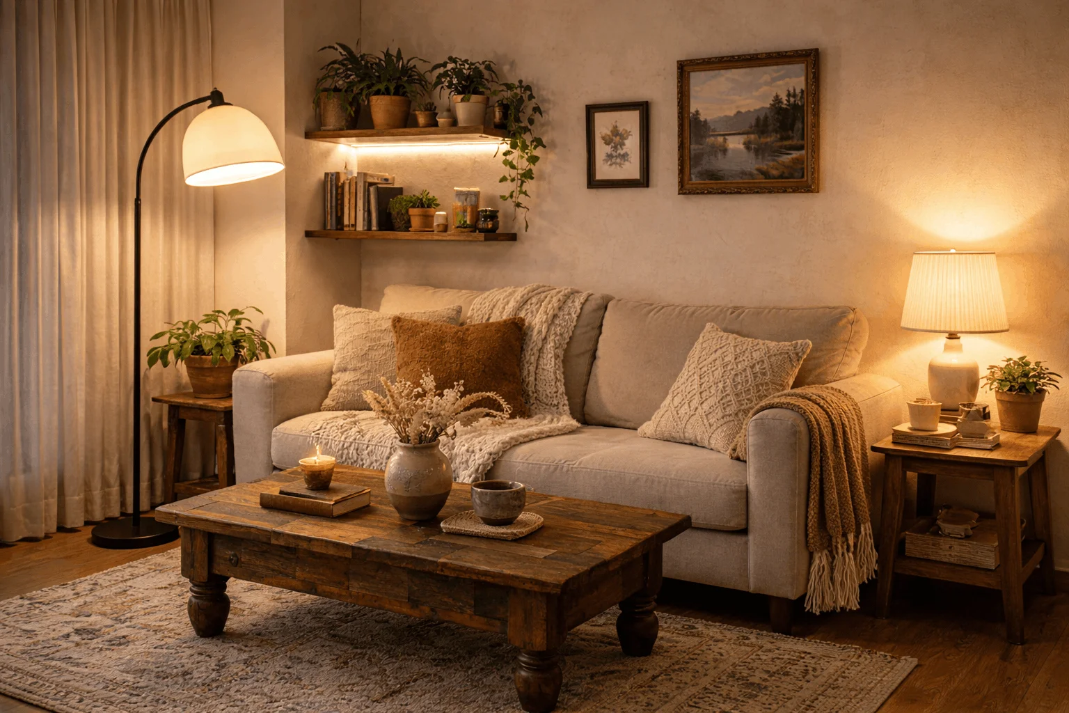 Cozy apartment living room with layered renter-friendly lighting, including floor lamps and LED strip lights, demonstrating how to refresh your apartment on a budget with ambient light.