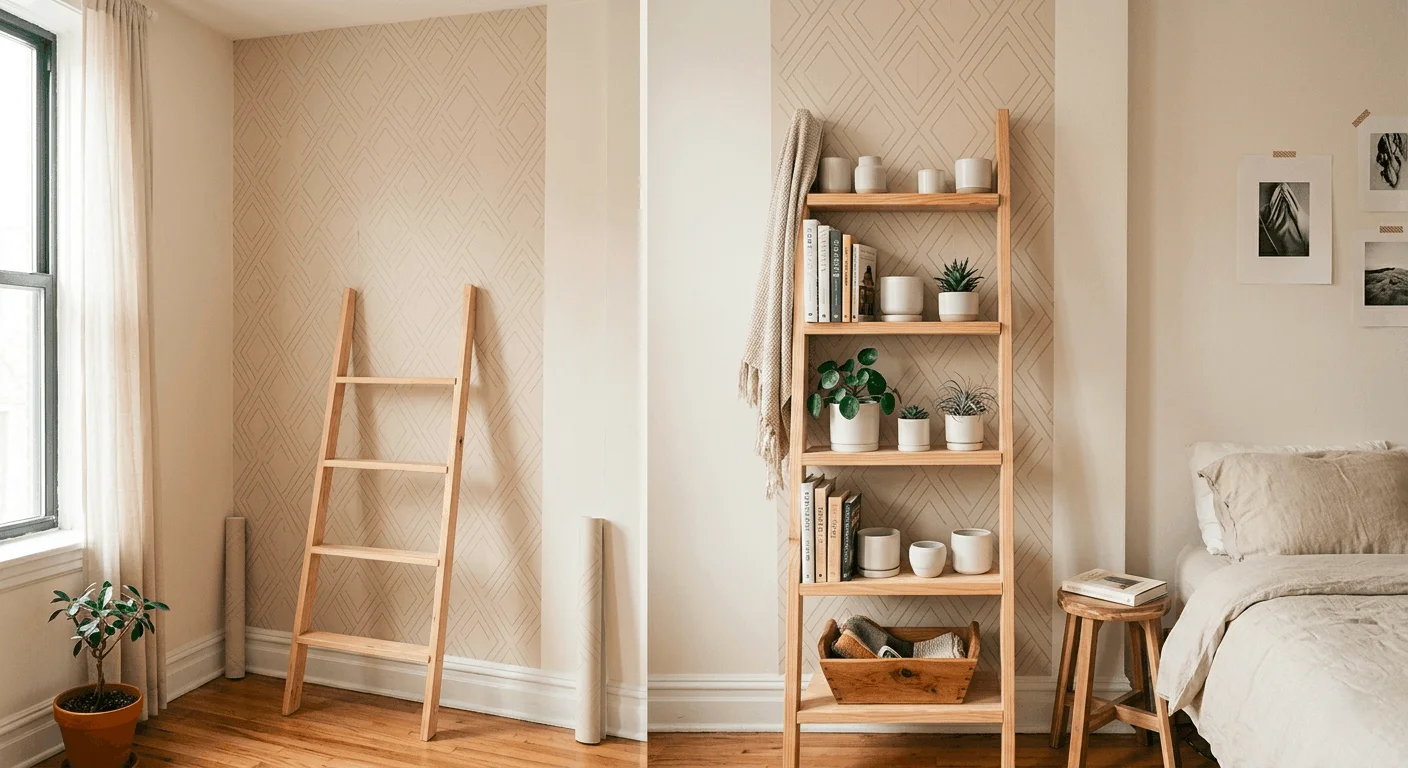 A rental apartment accent wall featuring a subtle geometric peel-and-stick wallpaper behind a wooden bookshelf.