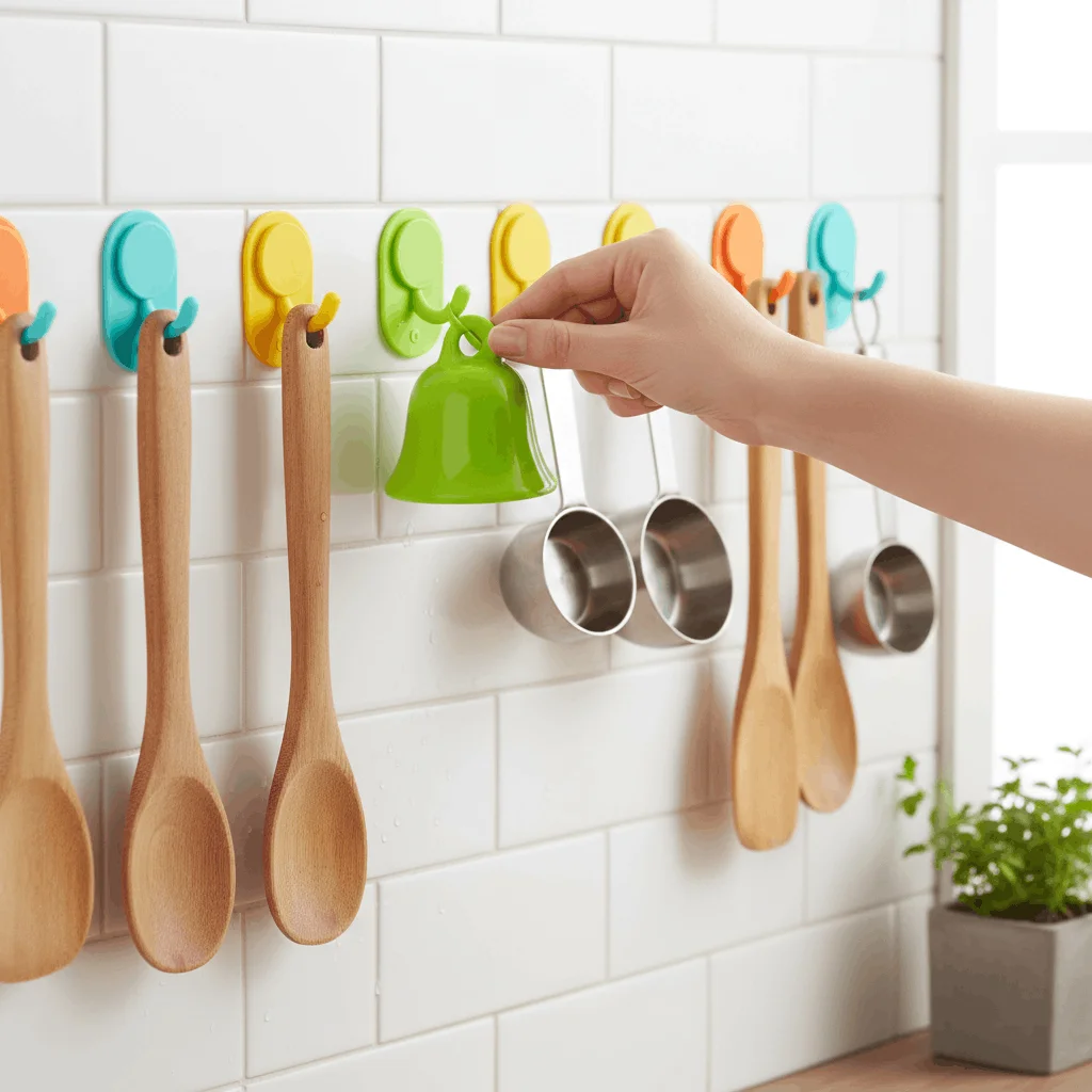 Reusable wall hooks made of silicone in a kitchen setting, showcasing eco-friendly removable hooks for renter-friendly cooking spaces.