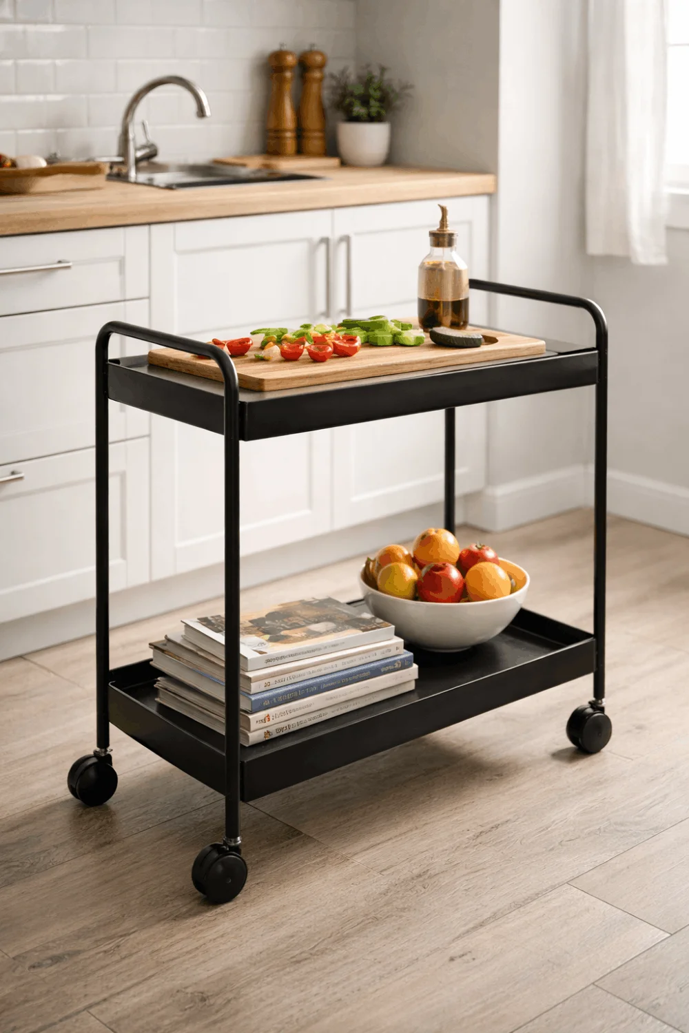 Stylish black rolling bar cart serving as mobile counter space and storage in a compact apartment kitchen, with cookbooks and fresh fruit.