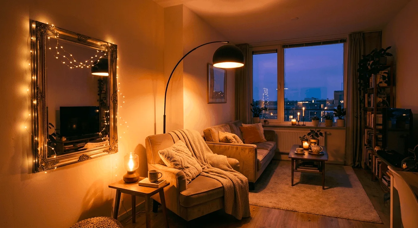 A small apartment bedroom at night illuminated by warm table lamps and delicate string lights for a cozy atmosphere.