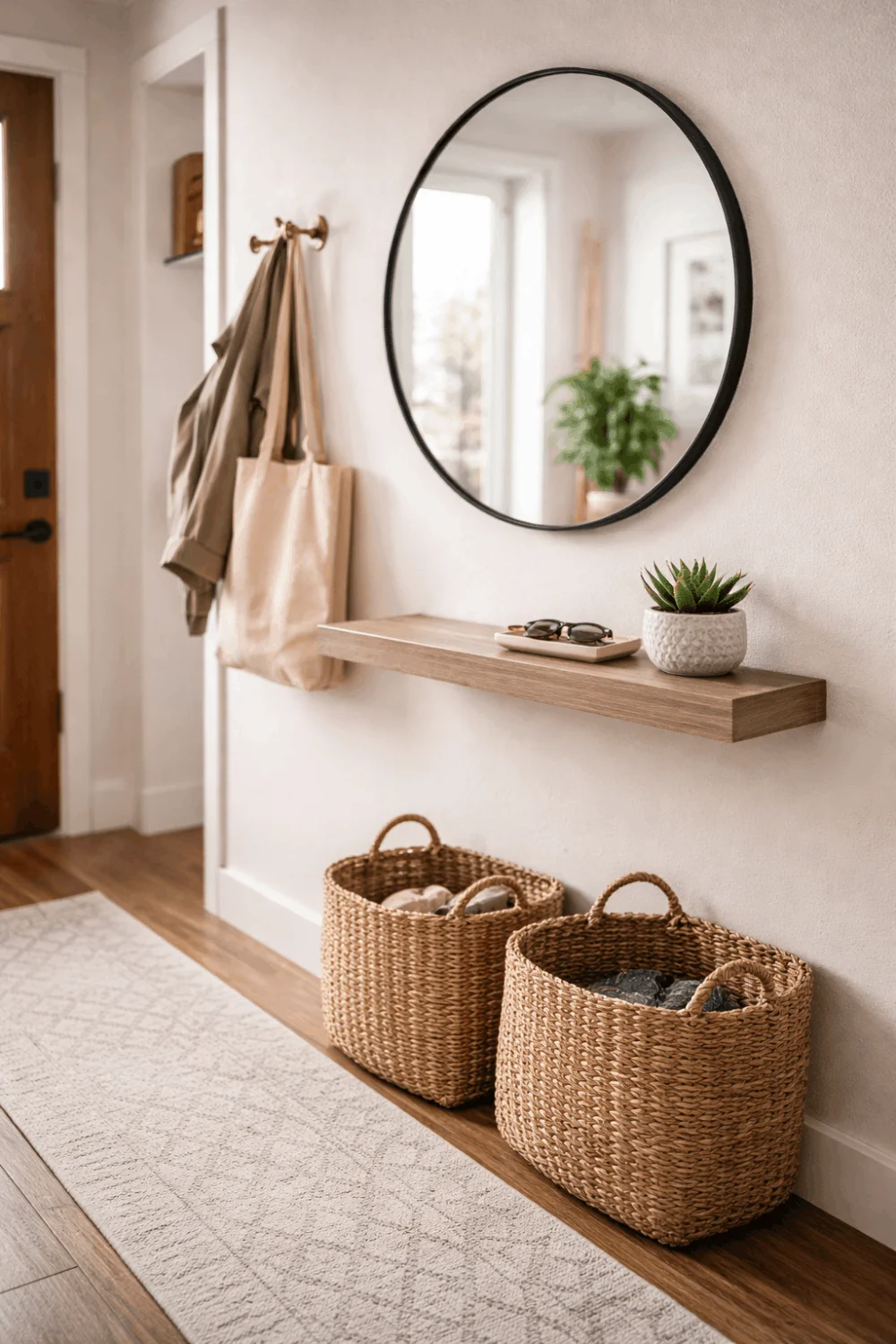 A small apartment entryway featuring organized rental decor including a slim console shelf, a round mirror, and storage baskets.