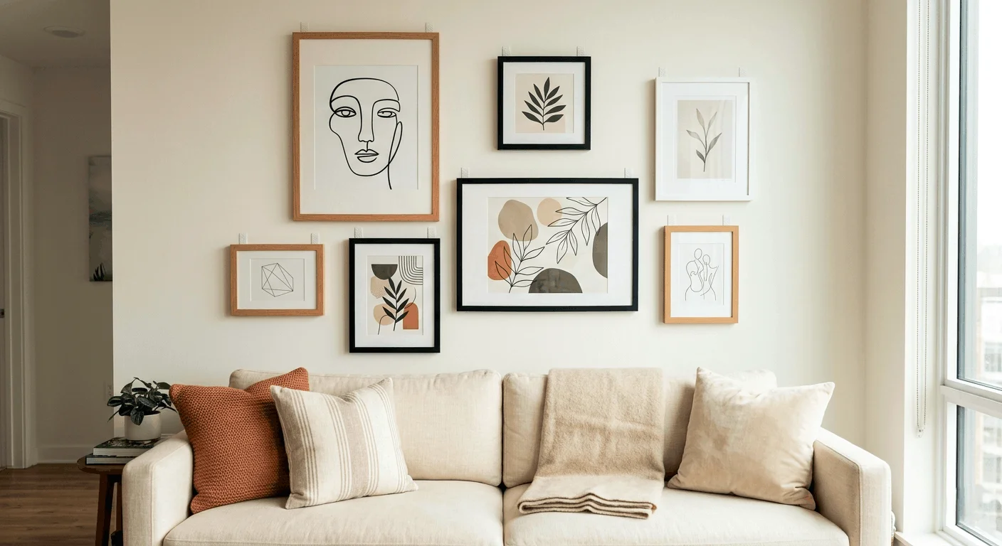 A gallery wall featuring a mix of abstract printable art and personal photos in various neutral-colored frames.