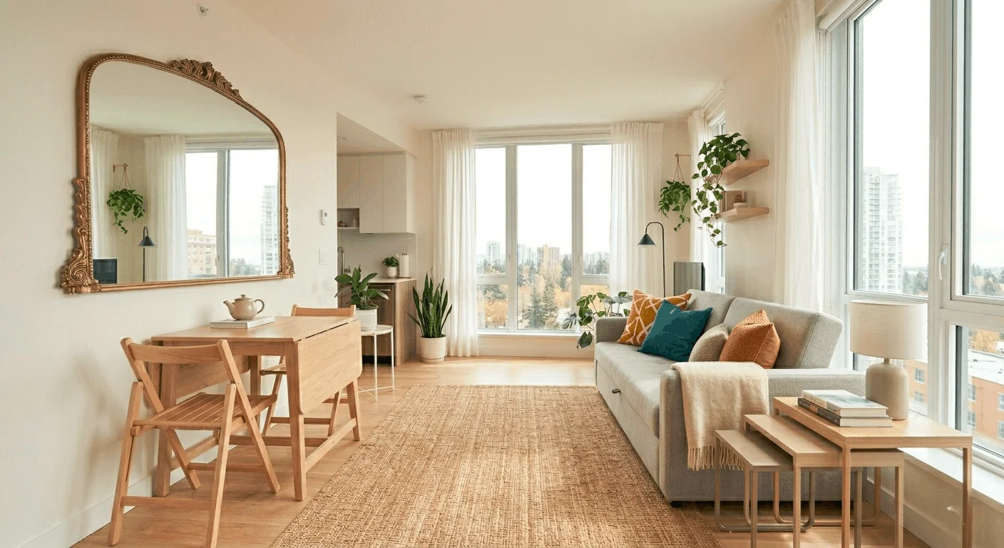Small apartment living room with light color palette and minimal décor to make the space appear larger and more open.