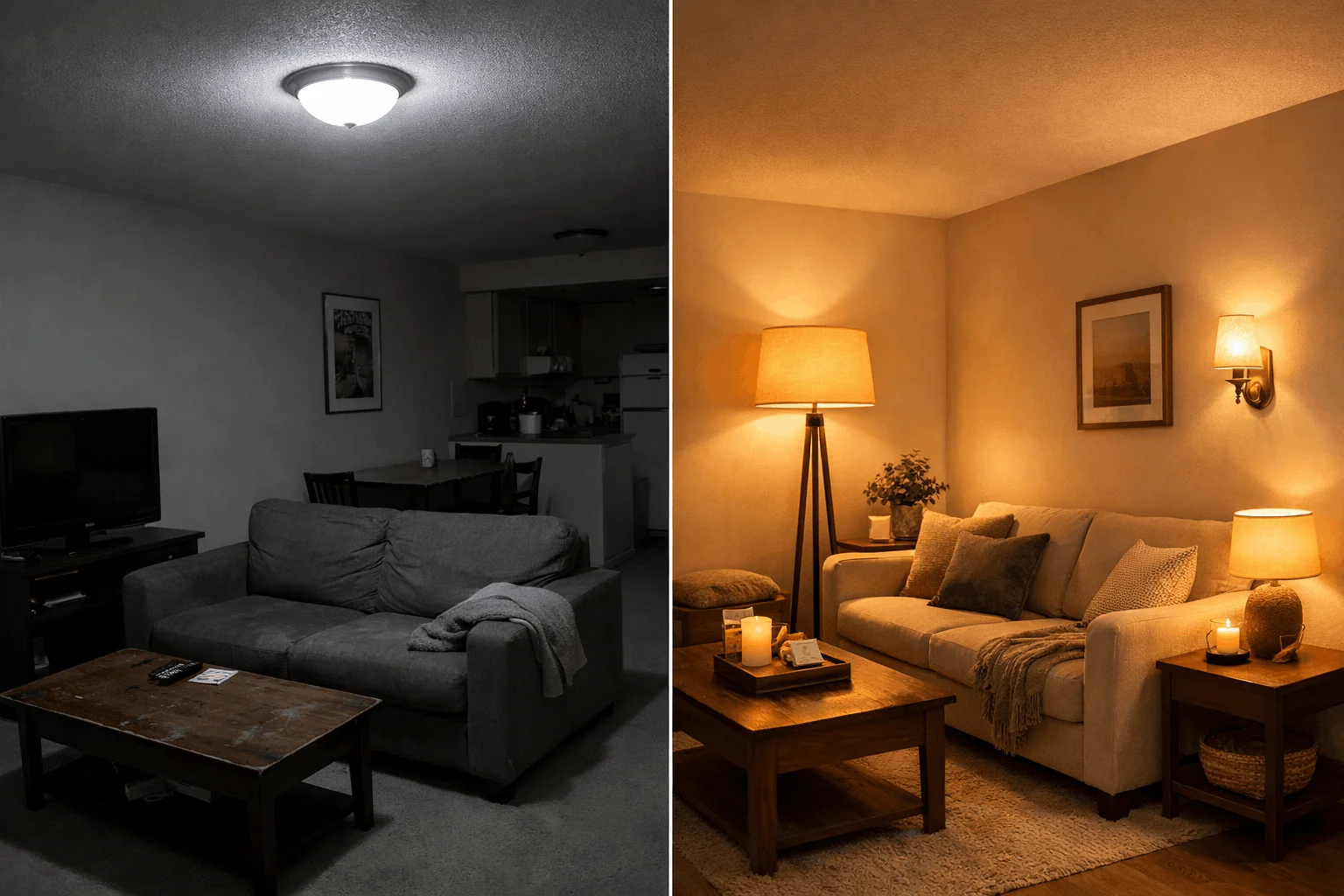 A modern brass wall sconce mounted on a bedroom wall without visible wires, illustrating the damage-free puck light hack for renter-friendly lighting in a small apartment.