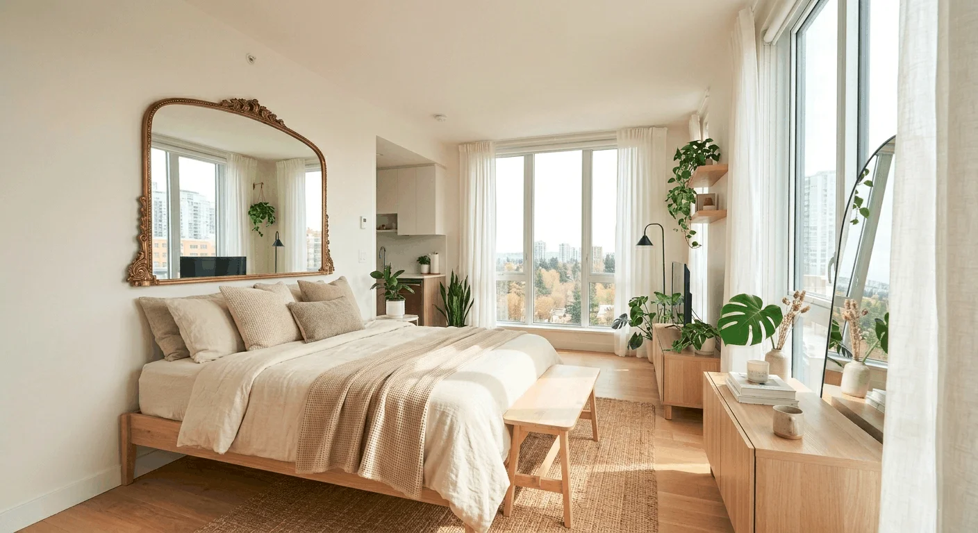 Small apartment bedroom with large wall mirror to make the space look bigger, decorated with neutral furniture and minimal décor.